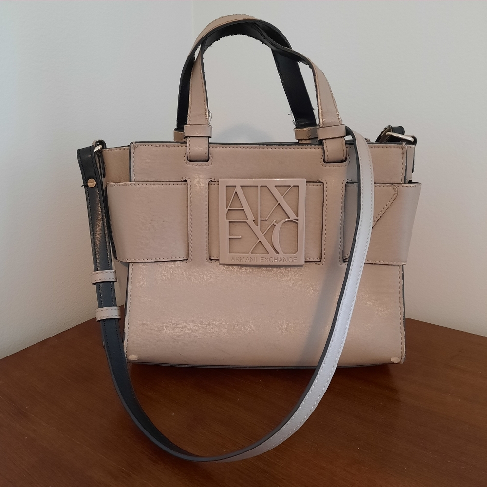 Armani Exchange AX Taupe Mini Satchel Crossbody Bag Logo Plaque Structered Purse